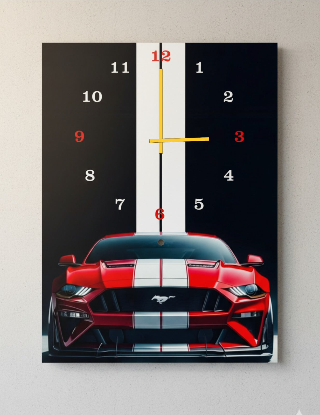 Racing Stripe Wall Clock with Red Mustang Print – Wooden 12x16 Inch (Without Battery)